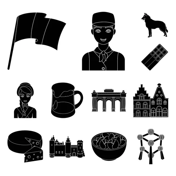 Set koleksiyonu tasarım için ülke Belçika siyah simgeler. Seyahat ve konumlar Belçika sembol stok web illüstrasyon vektör.