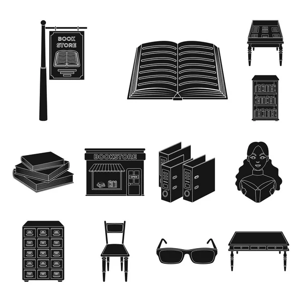 Bibliotheek en boekhandel zwarte pictogrammen in set collectie voor design. Boeken en meubilair vector symbool voorraad web illustratie. — Stockvector