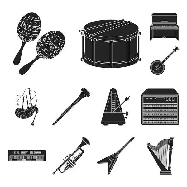 Musikinstrument schwarze Symbole in Set-Kollektion für Design. Saiten- und Blasinstrument-Vektor-Symbol stock web illustration. — Stockvektor