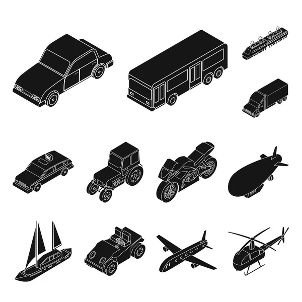 Różne rodzaje transportu czarny ikony w kolekcja zestaw do projektowania. Izometryczny vector samochodu i statek symbol ilustracja zasobów sieci web. — Wektor stockowy