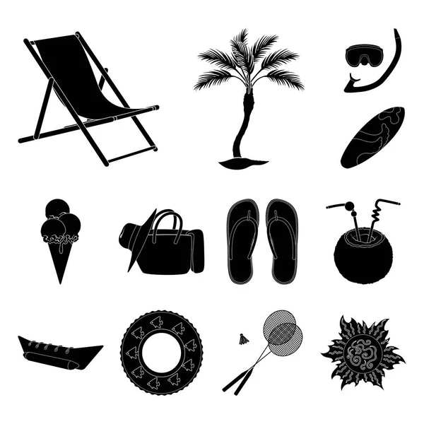 Sommerpause schwarze Ikonen in Set-Kollektion für Design. Strand Zubehör Vektor Symbol Stock Web Illustration. Stockillustration