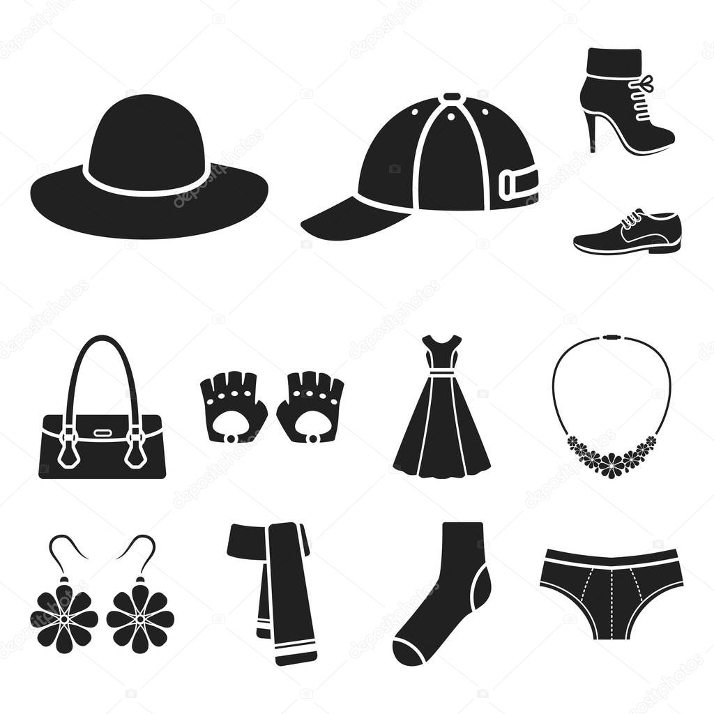 Clothes and accessories black icons in set collection for design. Shoes and decoration vector symbol stock  illustration.
