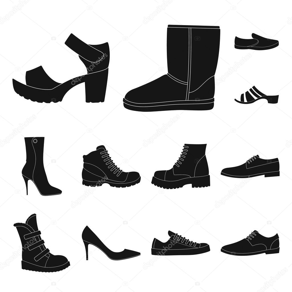 Different shoes black icons in set collection for design. Mens and womens shoes vector symbol stock  illustration.