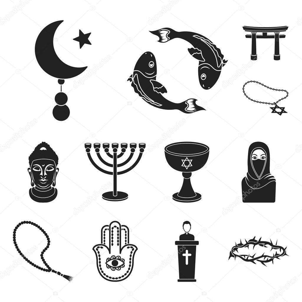 Religion and belief black icons in set collection for design. Accessories, prayer vector symbol stock  illustration.