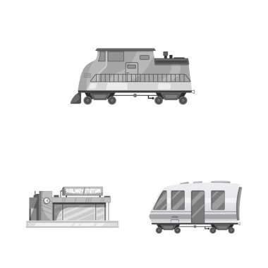 Tren ve istasyon logo vektör tasarımı. Web için tren ve bilet hisse senedi simgesi kümesi.