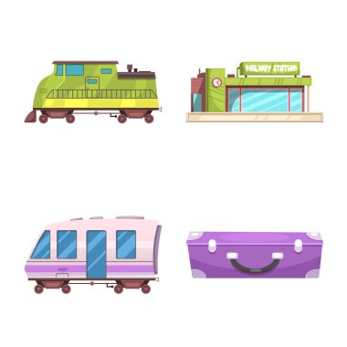 Tren ve istasyonu işareti yalıtılmış nesne. Tren ve bilet hisse senedi vektör çizim topluluğu.