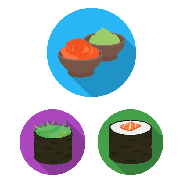 Sushi e tempero ícones planos em coleção de conjuntos para design. Comida de frutos do mar, símbolo de vetor acessório ilustração web . — Vetor de Stock