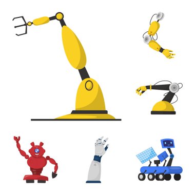 Robot ve fabrika simge vektör Illustration. Robot ve uzay hisse senedi vektör çizim seti.