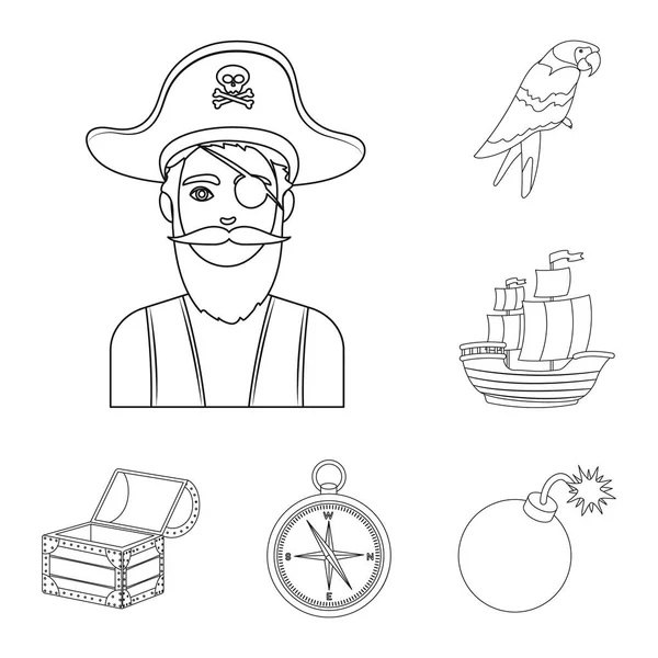 Pirata, ladrón de mar esbozan iconos en la colección de conjuntos para el diseño. Tesoros, atributos vector símbolo stock web ilustración . — Vector de stock