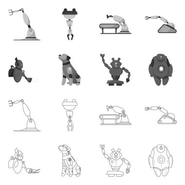 Robot ve fabrika logo vektör Illustration. Hisse senedi için robot ve uzay vektör simge kümesi.