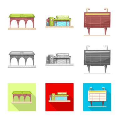 Tren ve istasyon logo yalıtılmış nesne. Hisse senedi için tren ve bilet vektör simge kümesi.