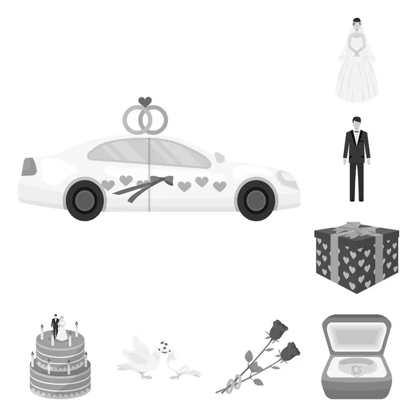 婚礼和属性单色图标集合中的设计。新婚夫妇和附件矢量符号股票网站插图. — 图库矢量图片