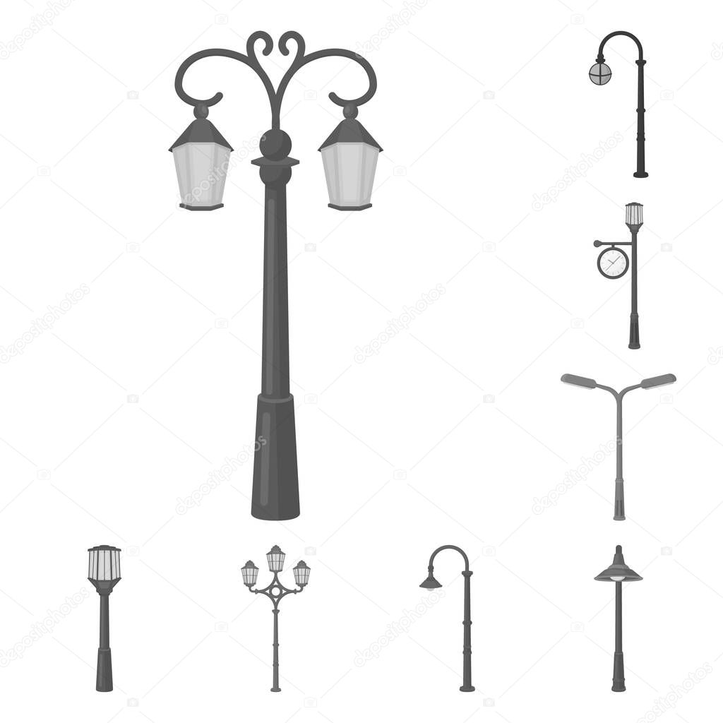 Lamp post monochrome icons in set collection for design. Lantern and lighting vector symbol stock  illustration.