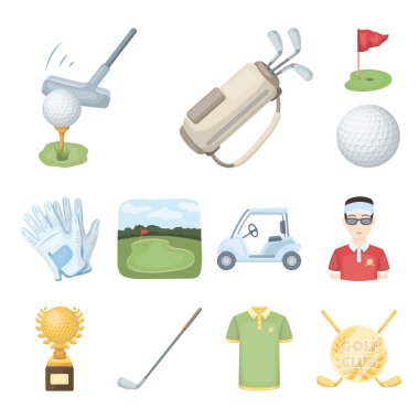 Golf ve öznitelikleri set koleksiyonu tasarım için simgeleri karikatür. Golf Kulübü ve ekipman sembol stok web illüstrasyon vektör.