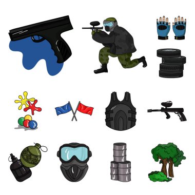 Paintball takım oyun karikatür simgeleri set koleksiyonu tasarım için. Ekipman ve kıyafet sembol stok web illüstrasyon vektör.