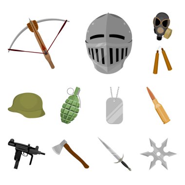 Silah türleri set koleksiyonu tasarım için simgeleri karikatür. Ateşli silahlar ve kanatlı silah sembol stok web illüstrasyon vektör.