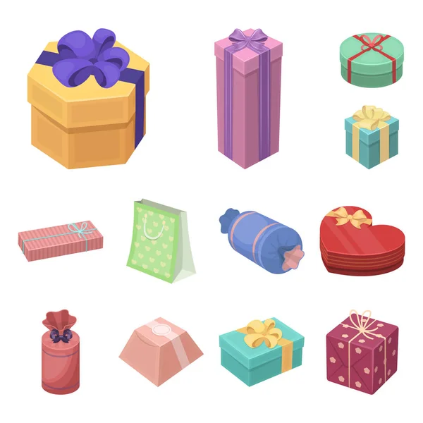 Iconos de dibujos animados de regalo y embalaje en la colección de conjuntos para el diseño. Ilustración de tela de símbolo de vector de embalaje colorido . — Vector de stock