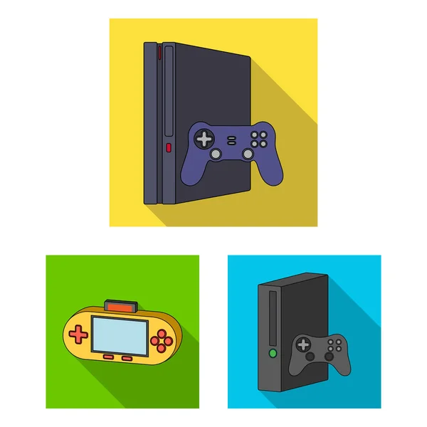 Consola de juegos e iconos planos de realidad virtual en la colección de conjuntos para el diseño.Game Gadgets vector símbolo stock web illustration . — Archivo Imágenes Vectoriales