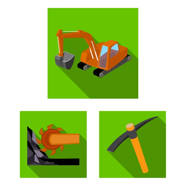 Iconos planos de la industria minera en colección de conjuntos para el diseño. Equipo y herramientas vector símbolo stock web ilustración . — Archivo Imágenes Vectoriales