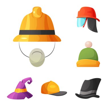 İllüstrasyon işareti şapkalar ve kap vektör. Şapkalar ve hisse senedi için aksesuar vektör ikon koleksiyonu.