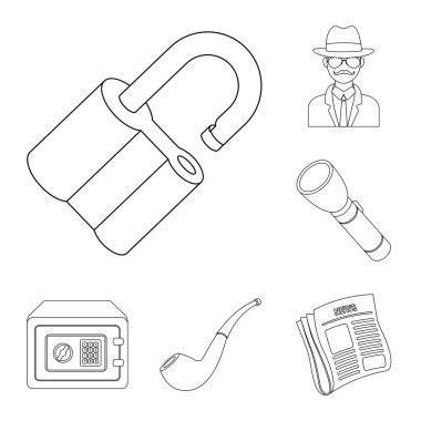 Dedektif ve öznitelikleri set koleksiyonu tasarım için simgeleri anahat. Dedektif ajansı vektör simge stok web çizim.