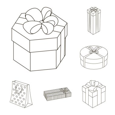 Hediye ve set koleksiyonu tasarım için anahat simgelerini ambalaj. Renkli ambalaj sembol stok web illüstrasyon vektör.