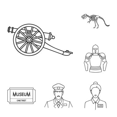 Set koleksiyonu tasarım için müze ve Galeri anahat simgeleri. Depolama ve serginin görülmeye değer parça sembol stok web illüstrasyon vektör.