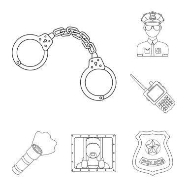 Polis, bölüm set koleksiyonu tasarım için simgeleri anahat. Sembol stok web illüstrasyon vektör dedektif ve aksesuarları.