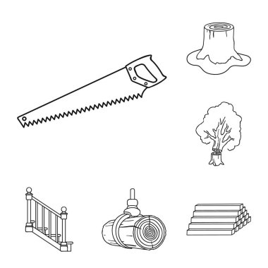 Kereste ve ahşap anahat simgeleri set koleksiyonu tasarım için. Donanım ve araçlar sembol stok web illüstrasyon vektör.