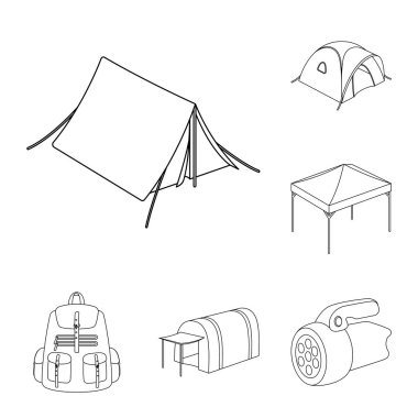 Çadır çeşitleri set koleksiyonu tasarım için simgeleri anahat. Resimde web geçici barınak ve vektör simge stok konut.