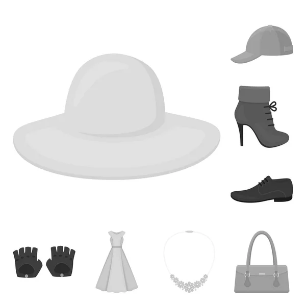 Kleding en accessoires zwart-wit pictogrammen in set collectie voor design. Schoenen en decoratie vector symbool voorraad web illustratie. — Stockvector