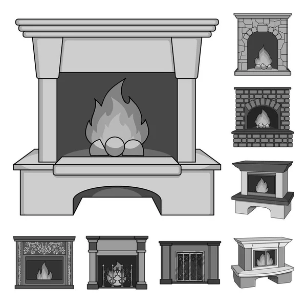 Diferentes tipos de lareiras ícones monocromáticos na coleção de conjuntos para design.Fireplaces construção vetor símbolo web ilustração . — Vetor de Stock