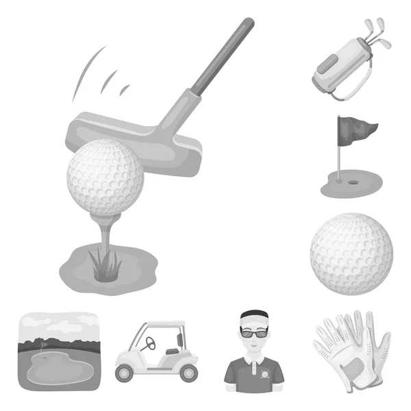 高尔夫和属性单色图标集合中的设计。高尔夫俱乐部和设备矢量符号股票网站插图. — 图库矢量图片