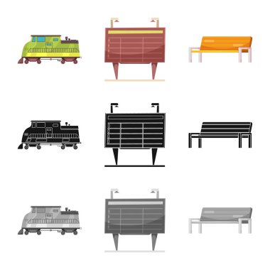 Tren ve istasyon logo yalıtılmış nesne. Tren ve bilet hisse senedi vektör çizim seti.