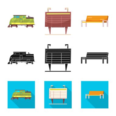 Tren ve istasyon logo vektör tasarımı. Web için tren ve bilet hisse senedi simgesi kümesi.