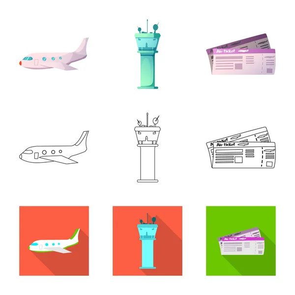 Vektorillustration des Flughafen- und Flugzeugsymbols. Set Flughafen und Flugzeug Vektor Icon für Lager. — Stockvektor