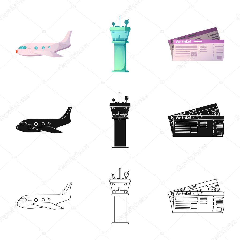 Vector illustration of airport and airplane icon. Set of airport and plane stock vector illustration.