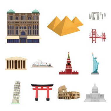 Farklı ülkelerin sights set koleksiyonu tasarım için simgeleri karikatür. Ünlü bina sembol stok web illüstrasyon vektör.