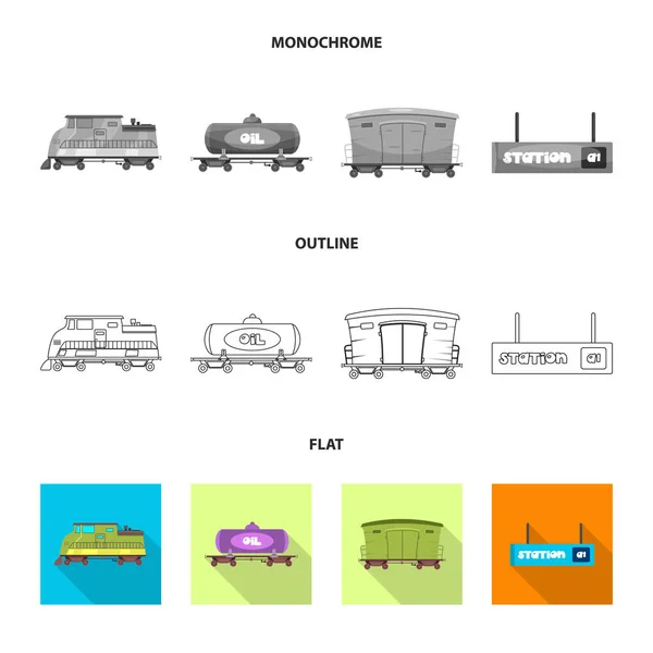 Vektorillustration des Zug- und Bahnhofssymbols. Sammlung von Zug- und Fahrkartensymbolen für das Web. — Stockvektor