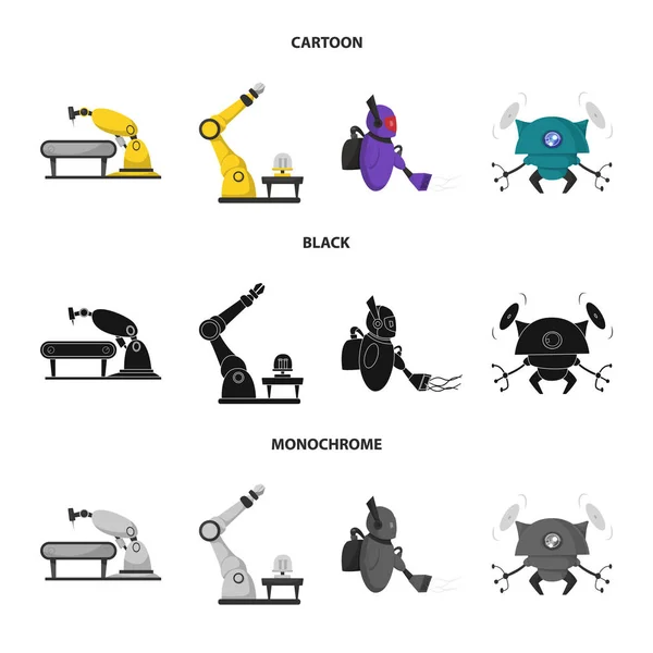 Ilustração vetorial de robô e sinal de fábrica. Conjunto de robô e vetor de espaço ícone para estoque . —  Vetores de Stock