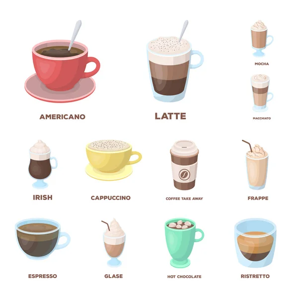 Различные виды кофе карикатуры иконы в коллекции наборов для дизайна. Векторные символы кофейных напитков . — стоковый вектор