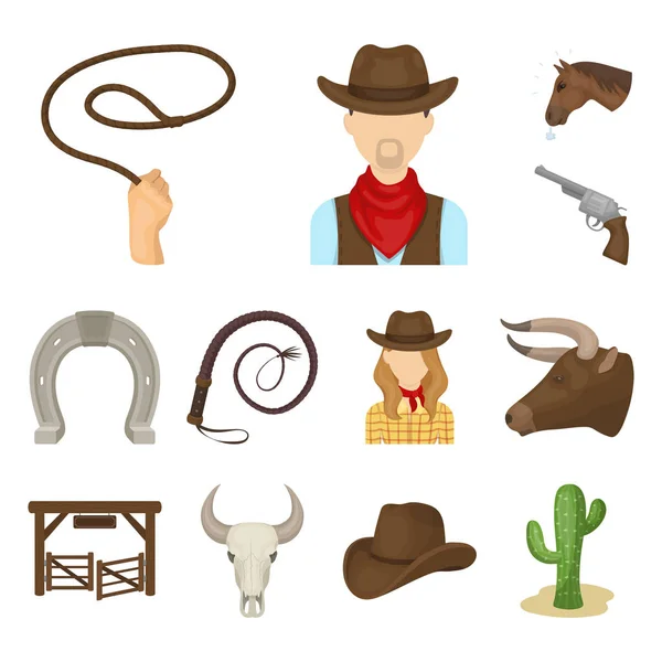 Rodeo, verseny rajzfilm ikonok beállítása gyűjtemény a design. Cowboy és berendezések vektor szimbólum állomány honlap illusztráció. — Stock Vector