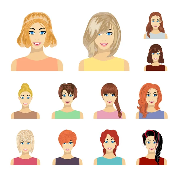 Види жіночих зачісок мультяшних іконок у наборі для дизайну. Зовнішній вигляд жінки Векторний символ стокова веб-ілюстрація . — стоковий вектор