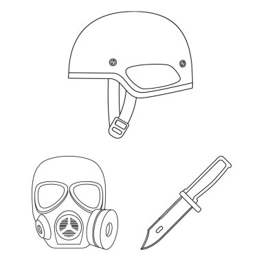 Set koleksiyonu tasarım için ordu ve donatma anahat simgeleri. Silah ve teçhizat sembol stok web illüstrasyon vektör.