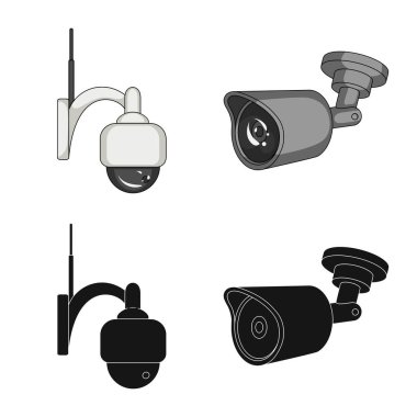 Cctv ve kamera işareti vektör Illustration. Hisse senedi için cctv ve sistem vektör simge kümesi.