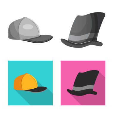 Şapkalar ve kap logo vektör tasarımı. Şapkalar ve hisse senedi için aksesuar vektör ikon koleksiyonu.