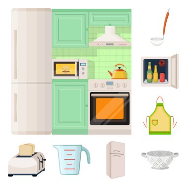 Set koleksiyonu tasarım için mutfak ekipman karikatür simgeler. Sembol stok web illüstrasyon vektör mutfak ve aksesuarları.