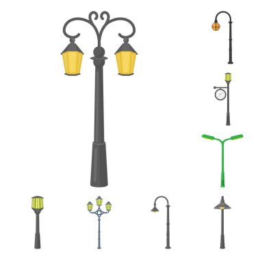 Set koleksiyonu tasarım için lamba sonrası karikatür simgeler. Fener ve vektör simge stok web çizim ışık.