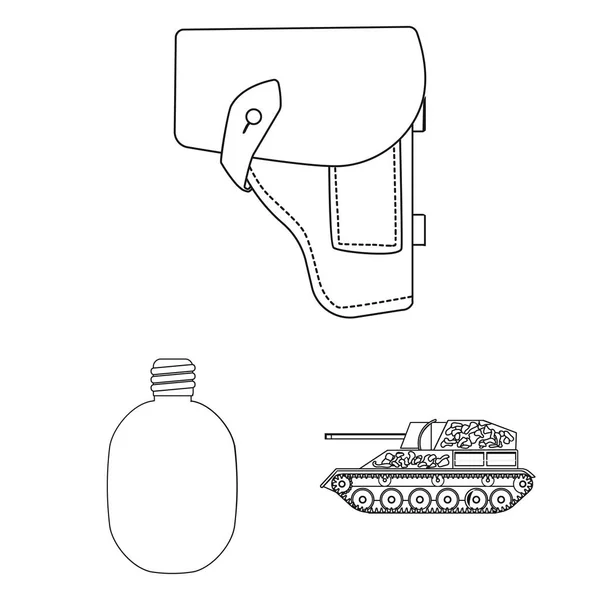 Ícones de contorno do exército e do armamento na coleção de conjuntos para design. Ilustração da web de estoque de símbolos vetoriais de armas e equipamentos . —  Vetores de Stock