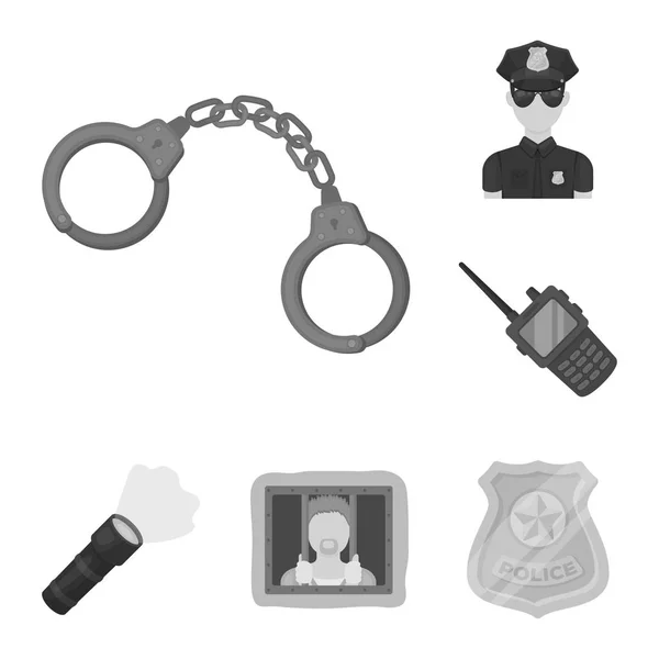 Politie, departement zwart-wit pictogrammen in set collectie voor design. Detective en accessoires vector symbool voorraad web illustratie. — Stockvector